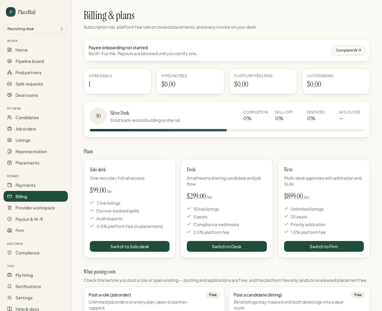 The PlaceRail billing workspace with plan tiers, desk scorecard and invoices