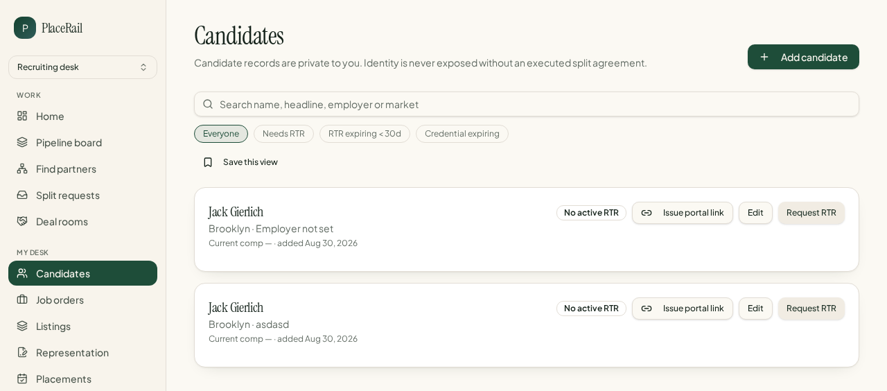 PlaceRail candidate pipeline with search, filters and credential summaries