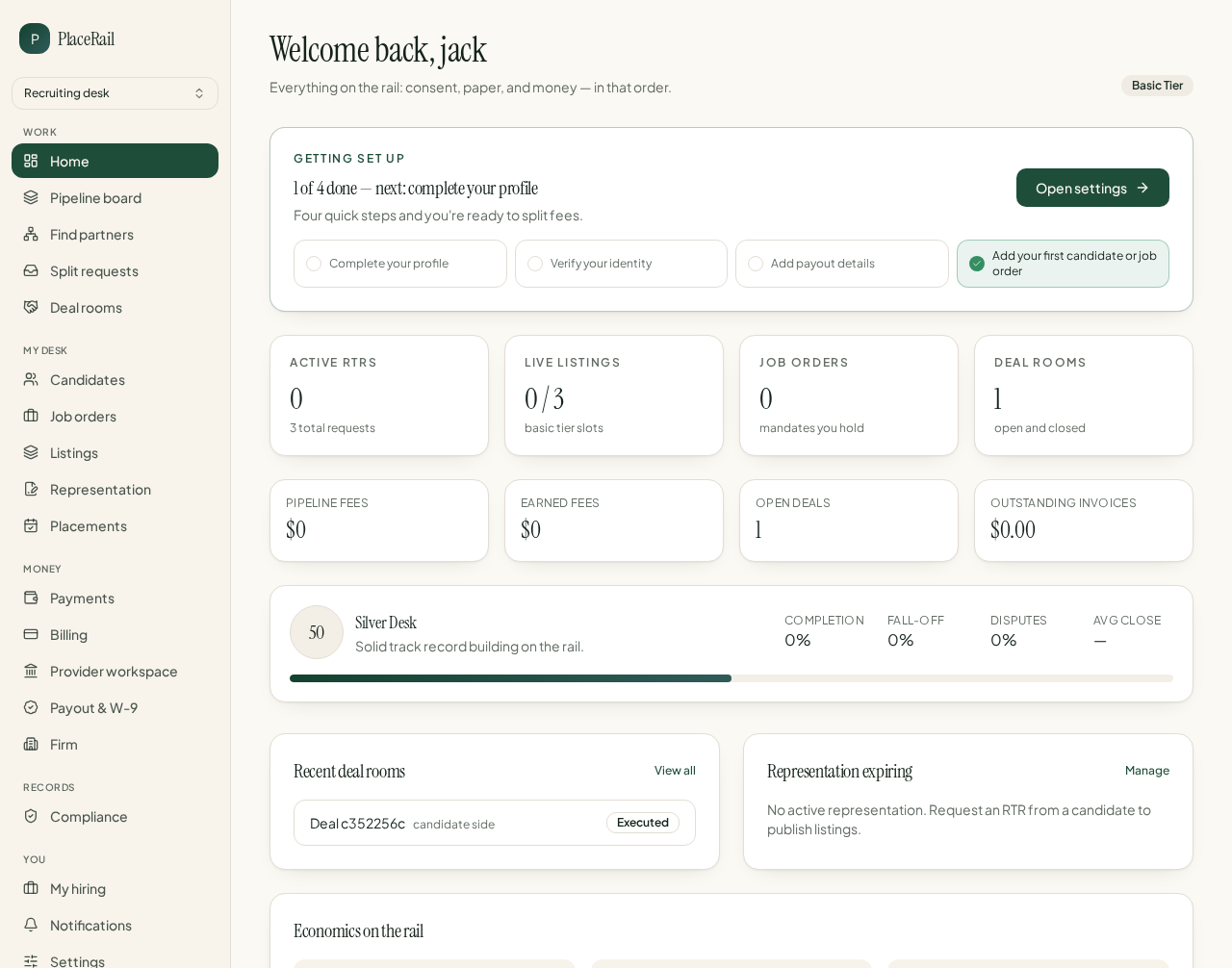 The PlaceRail recruiter dashboard showing the next-step checklist, pipeline metrics and economics