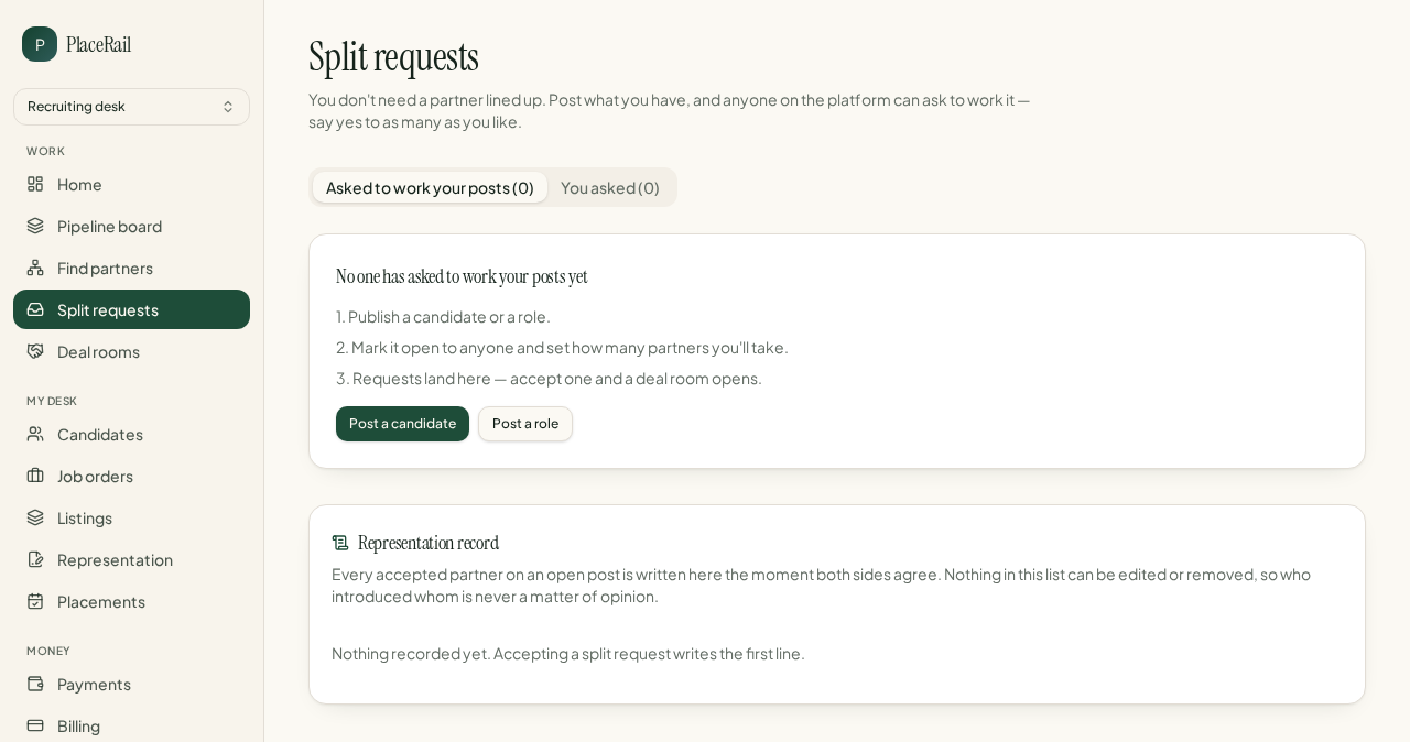 PlaceRail Right to Represent requests with signing-link delivery status